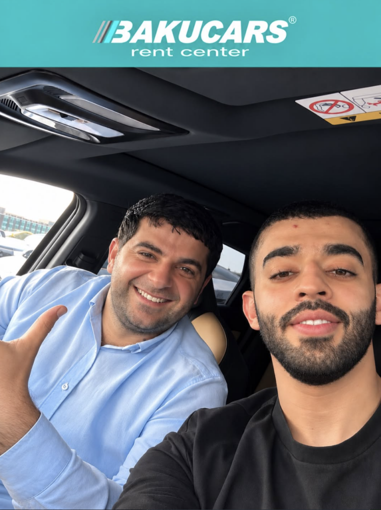 A memorable BAKUCARS customer selfie shared with permission, beneath the BAKUCARS Rent Center logo