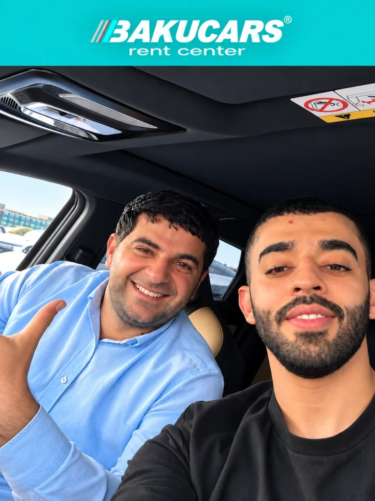 A memorable BAKUCARS customer selfie shared with permission, beneath the BAKUCARS Rent Center logo