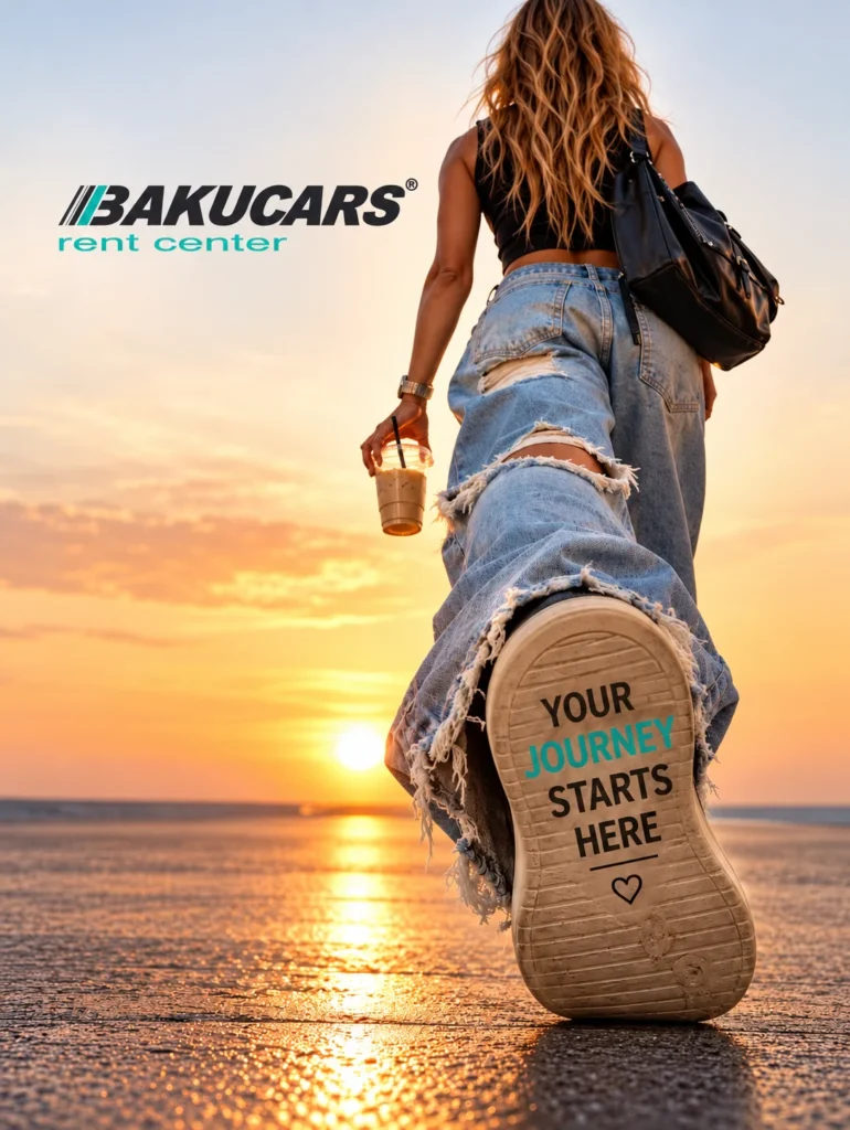 BAKUCARS Your journey starts here — traveller walking toward the waterfront at sunset