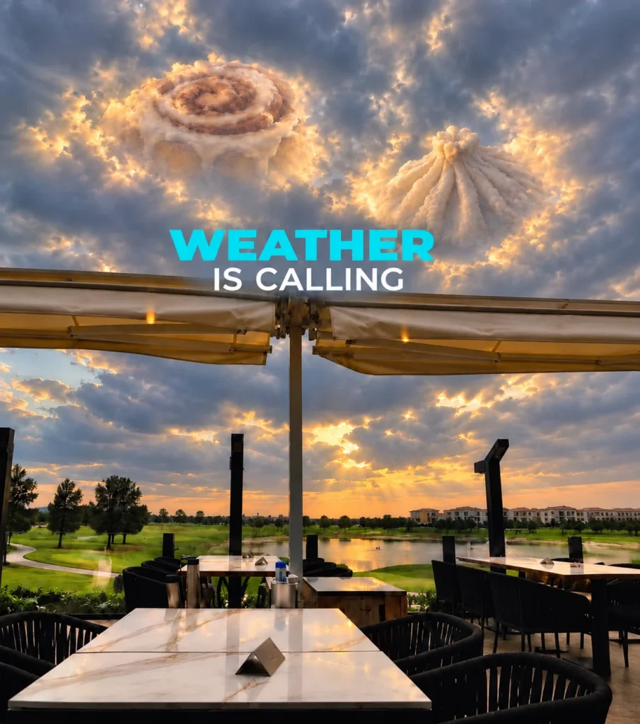 Restaurant terrace beneath sunset clouds shaped like a cinnamon roll and dumplings, with WEATHER IS CALLING lettering